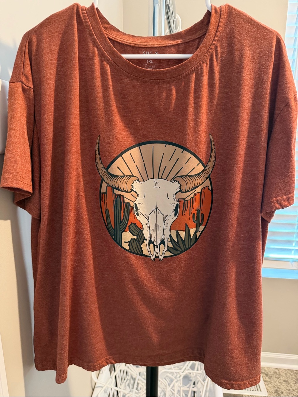 SHEIN Rust Orange Short Sleeve Tee with Desert Skull Graphic